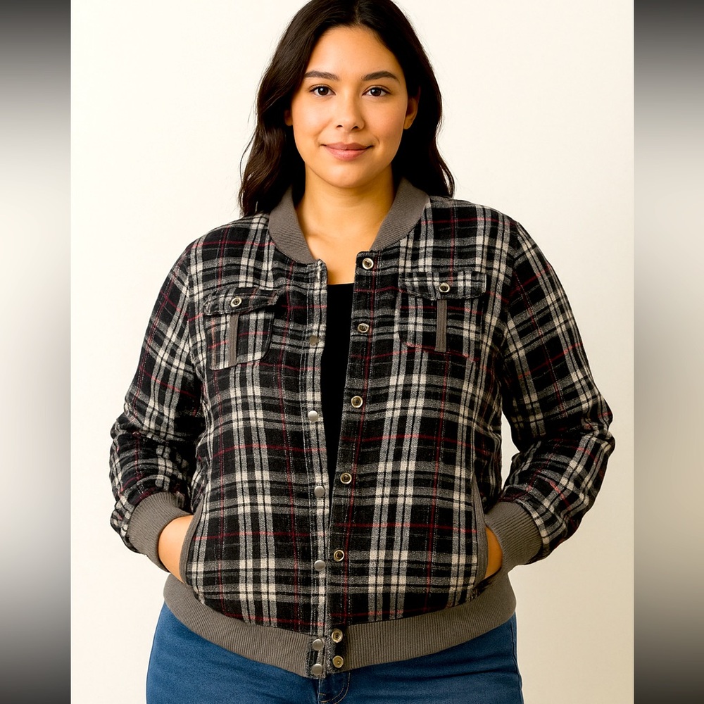 Apollo Outerwear Women’s Plus 2X Plaid Bomber-Style Jacket – Black Gray Red
